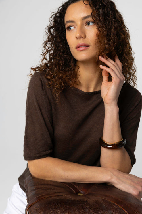 Dark Brown Sweater with Round Neck Short Sleeves in Linen - MAJESTIC FILATURES