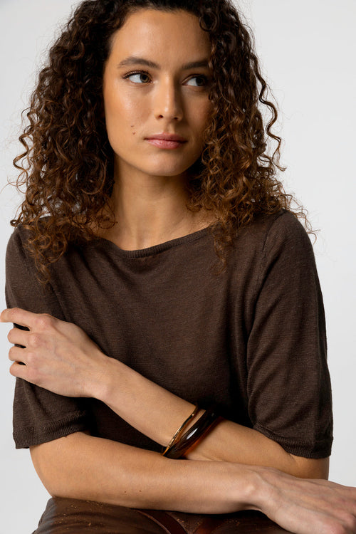 Dark Brown Sweater with Round Neck Short Sleeves in Linen - MAJESTIC FILATURES