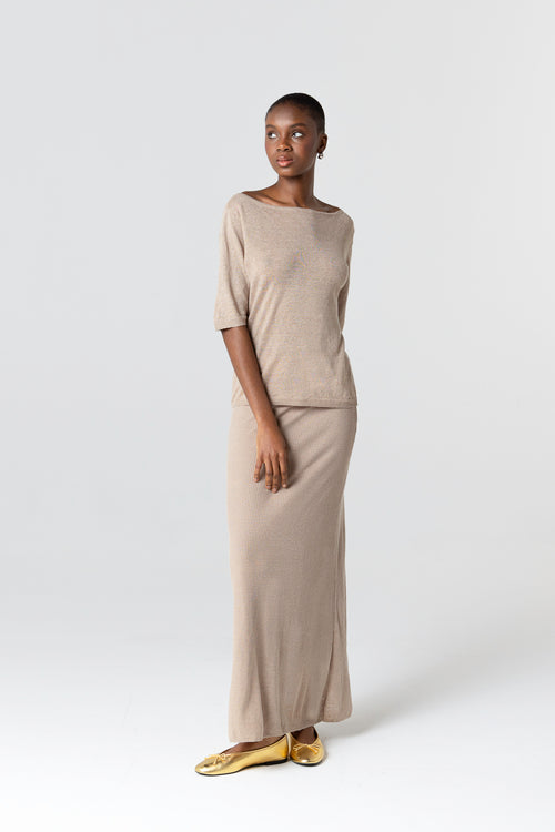 Pullover mit Rundhalsausschnitt und kurzen Ärmeln aus Leinen in Beige - MAJESTIC FILATURES