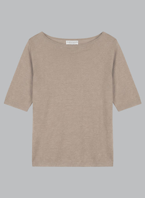 Beige Round-Neck Short-Sleeve Linen Sweater - MAJESTIC FILATURES