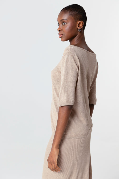 Pullover mit Rundhalsausschnitt und kurzen Ärmeln aus Leinen in Beige - MAJESTIC FILATURES