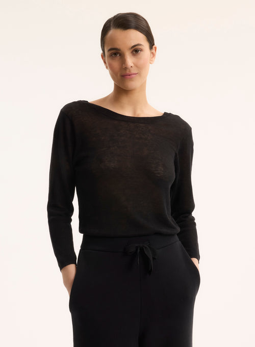 Pull Noir Col Bateau Manches Trois quarts - MAJESTIC FILATURES