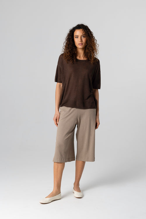 Dark Brown Sweater Round Neck Short Sleeves in Linen - MAJESTIC FILATURES