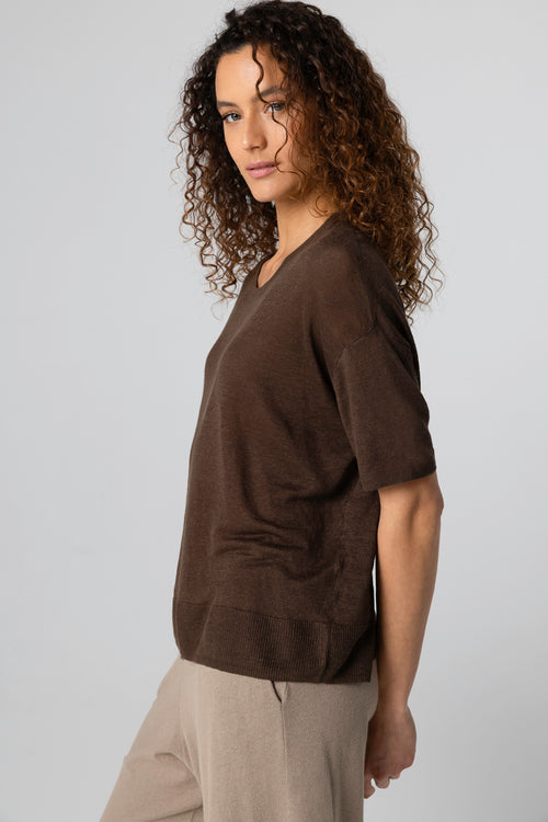 Dark Brown Sweater Round Neck Short Sleeves in Linen - MAJESTIC FILATURES