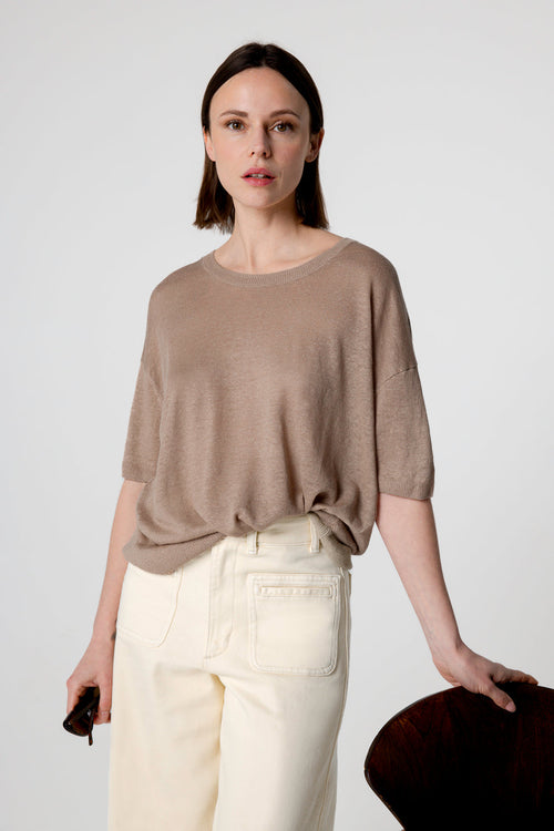 Pullover mit Rundhalsausschnitt und kurzen Ärmeln aus Leinen in Wüstensandfarbe - MAJESTIC FILATURES