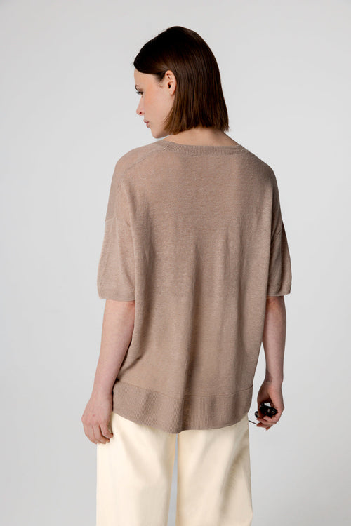 Pullover mit Rundhalsausschnitt und kurzen Ärmeln aus Leinen in Wüstensandfarbe - MAJESTIC FILATURES
