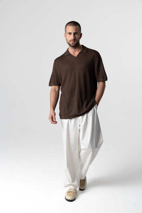 Dark Brown Polo Short Sleeves in Linen - MAJESTIC FILATURES