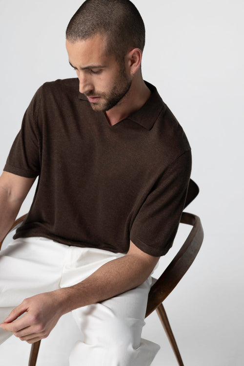 Polo Marron Foncé Manches Courtes en Lin - MAJESTIC FILATURES