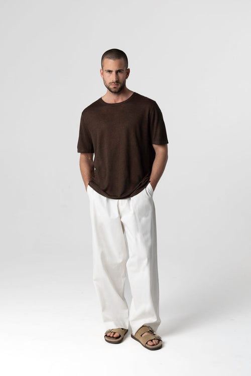 Camiseta marrón oscuro de cuello redondo y manga corta de lino - MAJESTIC FILATURES