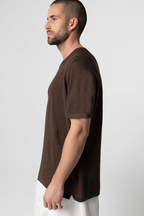 Camiseta marrón oscuro de cuello redondo y manga corta de lino - MAJESTIC FILATURES