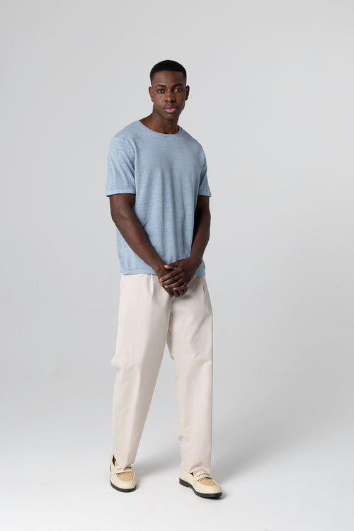 Pull Bleu Calanques Col Rond Manches Courtes en Lin - MAJESTIC FILATURES