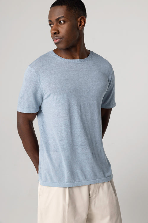 Blue Calanques round neck sweater with short sleeves in linen - MAJESTIC FILATURES