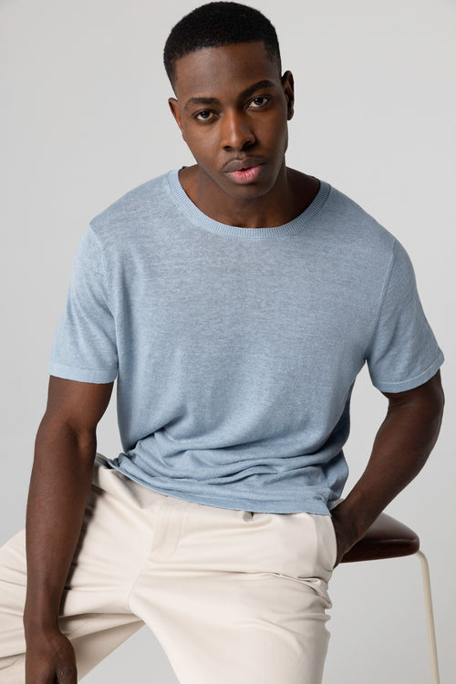 Pull Bleu Calanques Col Rond Manches Courtes en Lin - MAJESTIC FILATURES