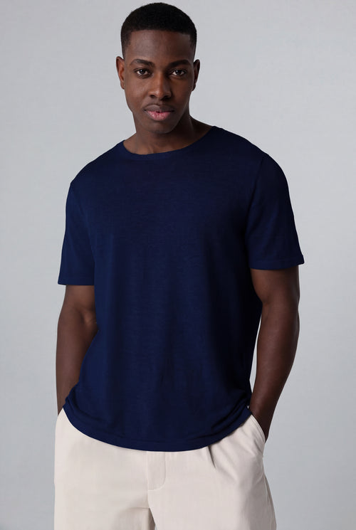 Jersey azul de cuello redondo y manga corta de lino - MAJESTIC FILATURES