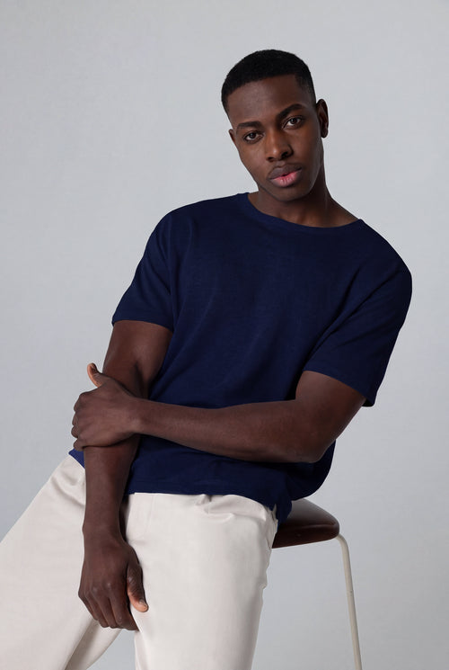 Pullover mit Rundhalsausschnitt und kurzen Ärmeln aus Leinen in Blau - MAJESTIC FILATURES