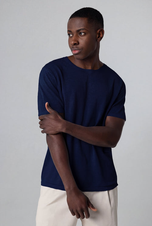 Pullover mit Rundhalsausschnitt und kurzen Ärmeln aus Leinen in Blau - MAJESTIC FILATURES