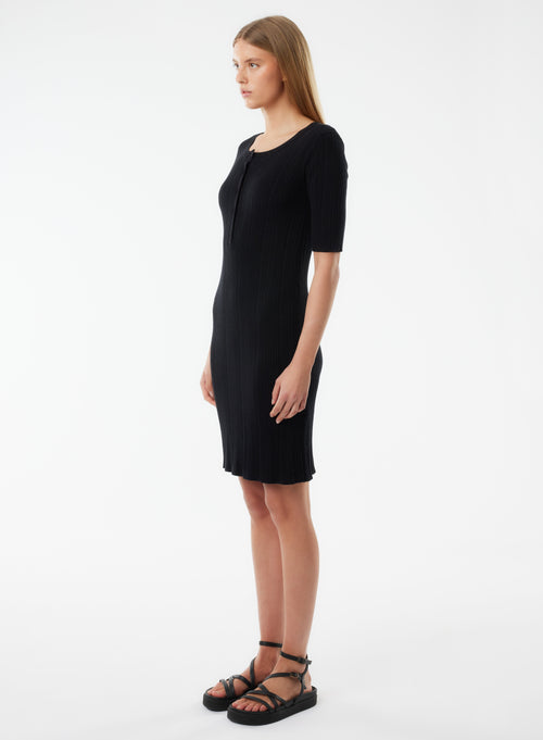 Robe Noire Manches Courtes Col Rond - MAJESTIC FILATURES