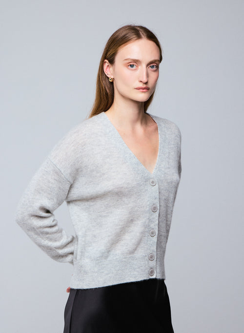 Gilet Gris Col V Manches Longues en Laine / Soie / Cachemire - MAJESTIC FILATURES