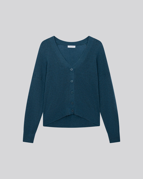 Blaue Strickjacke mit V-Ausschnitt und langen Ärmeln aus Wolle / Seide / Kaschmir - MAJESTIC FILATURES