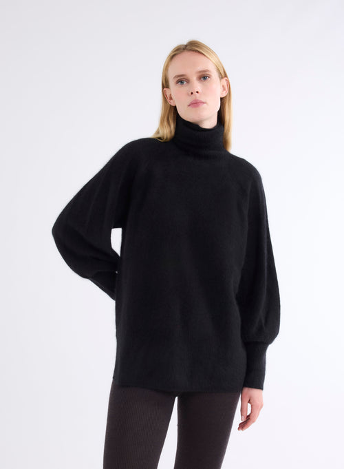 Pull Noir Col Roulé Manches Raglan longues - MAJESTIC FILATURES