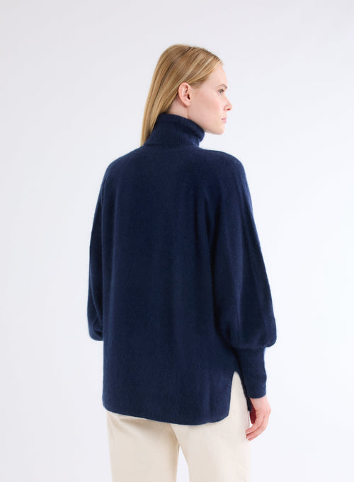 Navy Turtleneck Sweater Long Raglan Sleeves - MAJESTIC FILATURES