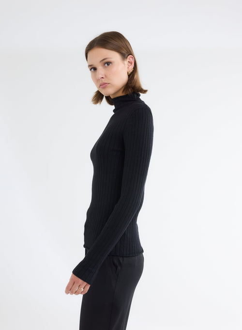 Pull Noir Col Montant Manches Longues - MAJESTIC FILATURES