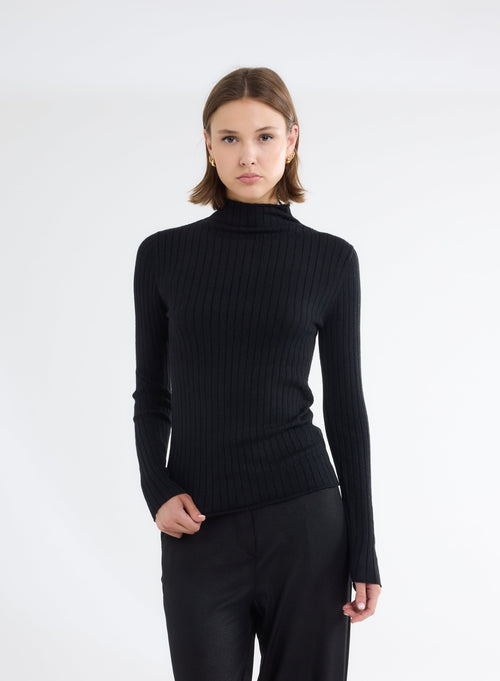 Pull Noir Col Montant Manches Longues - MAJESTIC FILATURES