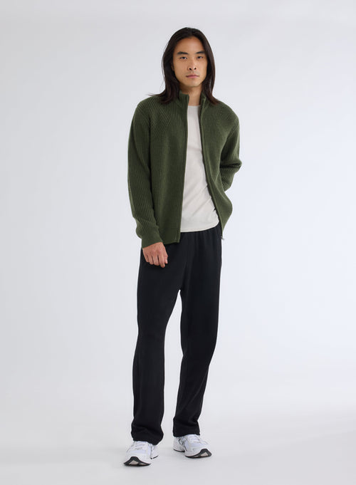 Gilet Vert Col Montant Manches Longues en Laine Merinos - MAJESTIC FILATURES