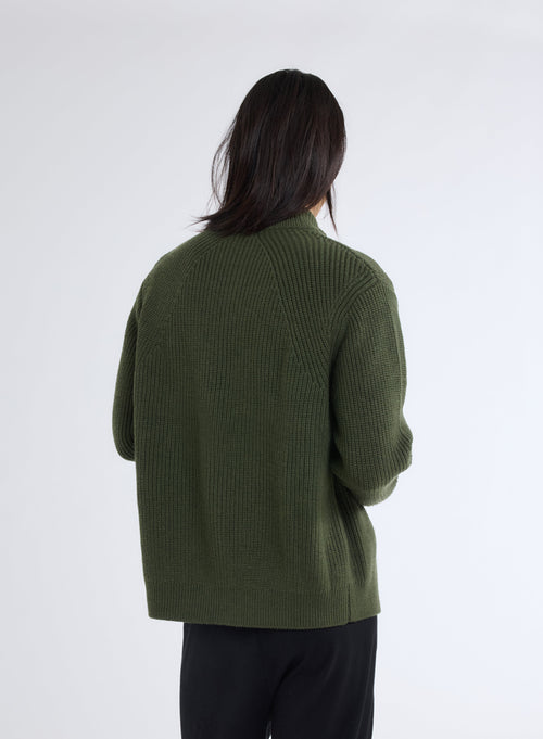 Gilet Vert Col Montant Manches Longues en Laine Merinos - MAJESTIC FILATURES