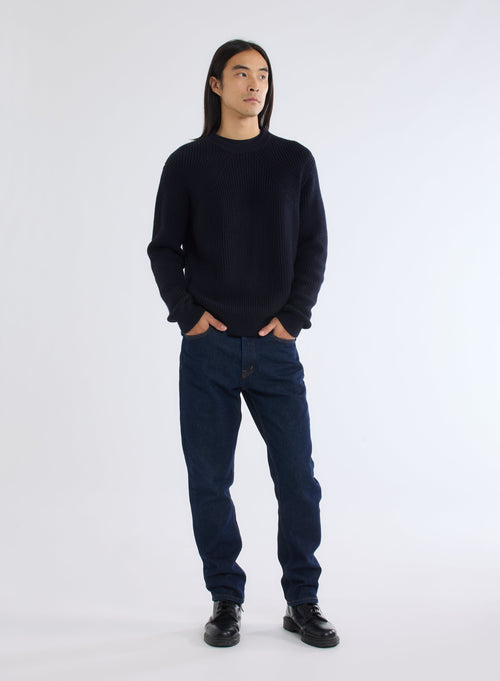 Navy Crew Neck Long Sleeve Merino Wool Sweater - MAJESTIC FILATURES