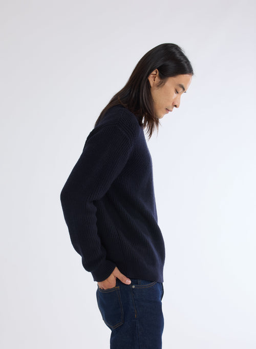 Navy Crew Neck Long Sleeve Merino Wool Sweater - MAJESTIC FILATURES