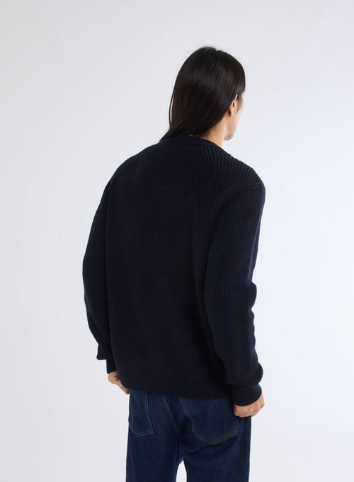 Navy Crew Neck Long Sleeve Merino Wool Sweater - MAJESTIC FILATURES