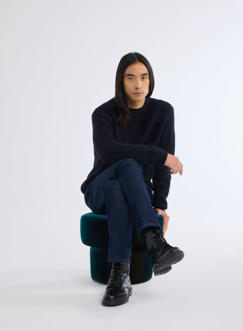 Navy Crew Neck Long Sleeve Merino Wool Sweater - MAJESTIC FILATURES