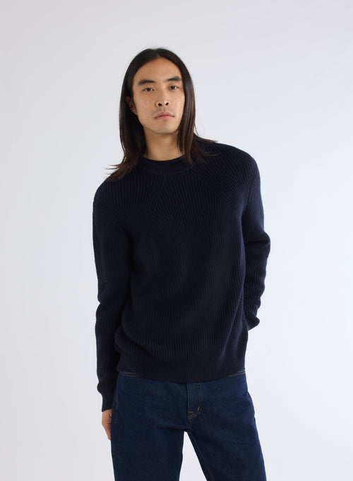 Navy Crew Neck Long Sleeve Merino Wool Sweater - MAJESTIC FILATURES