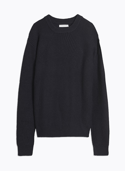 Navy Crew Neck Long Sleeve Merino Wool Sweater - MAJESTIC FILATURES