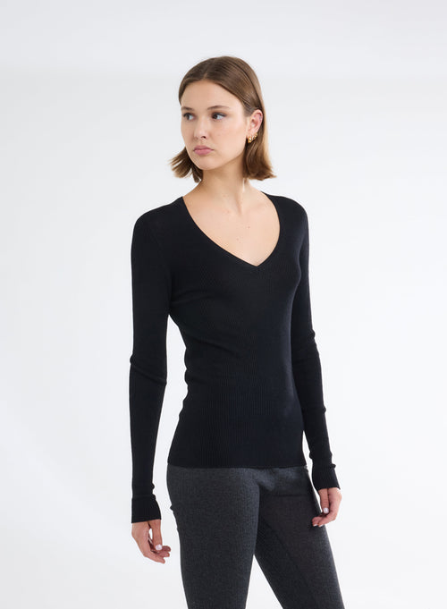 Black Round Neck Long Sleeve Sweater - MAJESTIC FILATURES