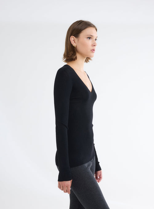 Black Round Neck Long Sleeve Sweater - MAJESTIC FILATURES