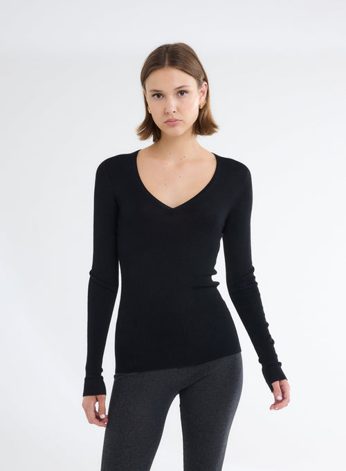 Black Round Neck Long Sleeve Sweater - MAJESTIC FILATURES