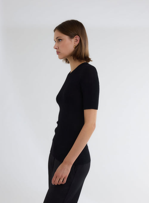 Black Crew Neck Elbow Sleeve Sweater - MAJESTIC FILATURES