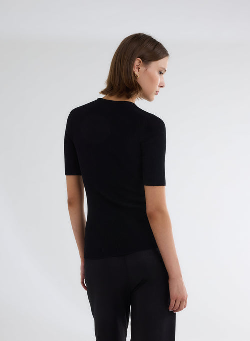 Black Crew Neck Elbow Sleeve Sweater - MAJESTIC FILATURES