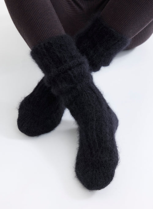 Black Mohair and Merino Wool Chunky Knit Long Socks - MAJESTIC FILATURES