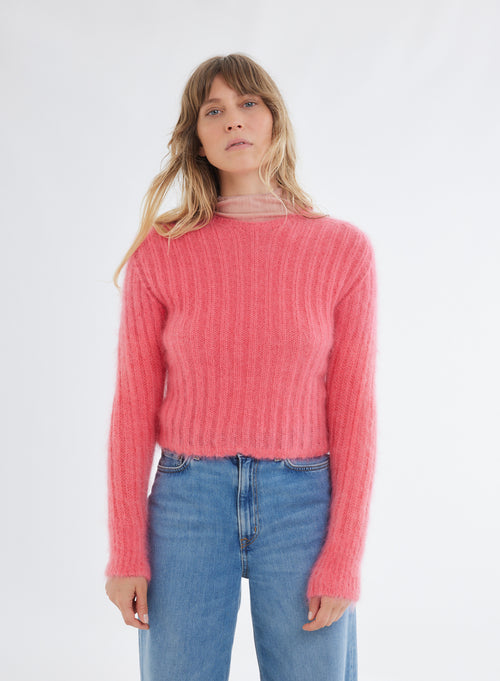 Pull rose col roulé manches longues - MAJESTIC FILATURES