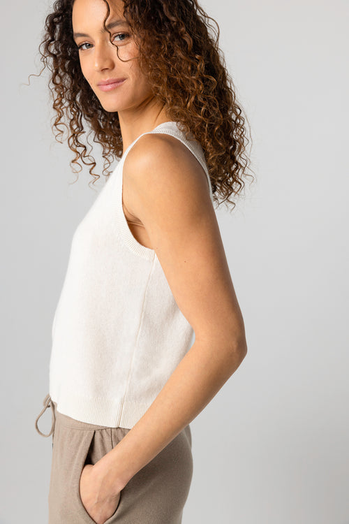 Débardeur Blanc Col Rond Sans Manches en Cachemire - MAJESTIC FILATURES