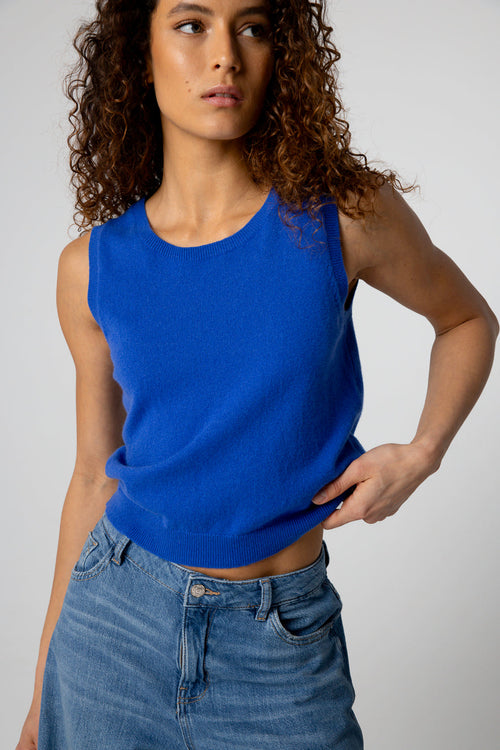Débardeur Bleu Col Rond Sans Manches en Cachemire - MAJESTIC FILATURES