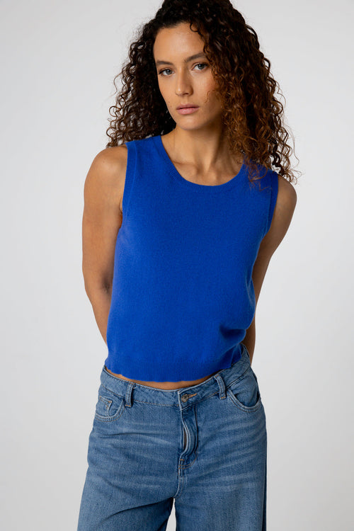 Camiseta sin mangas azul con cuello redondo de cachemira - MAJESTIC FILATURES