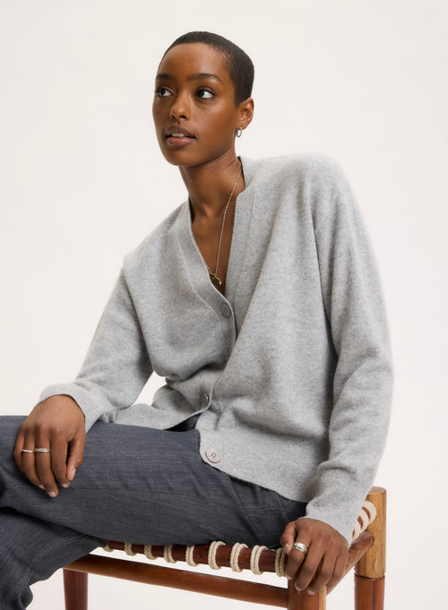 Grey V-neck Long-sleeved cardigan - MAJESTIC FILATURES