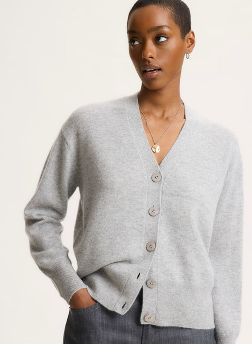 Grey V-neck Long-sleeved cardigan - MAJESTIC FILATURES