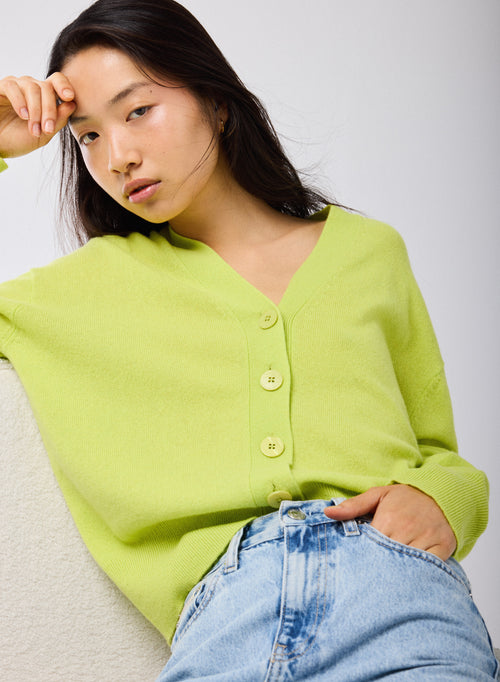 Yellow Cashmere Long Sleeve V-Neck Cardigan - MAJESTIC FILATURES