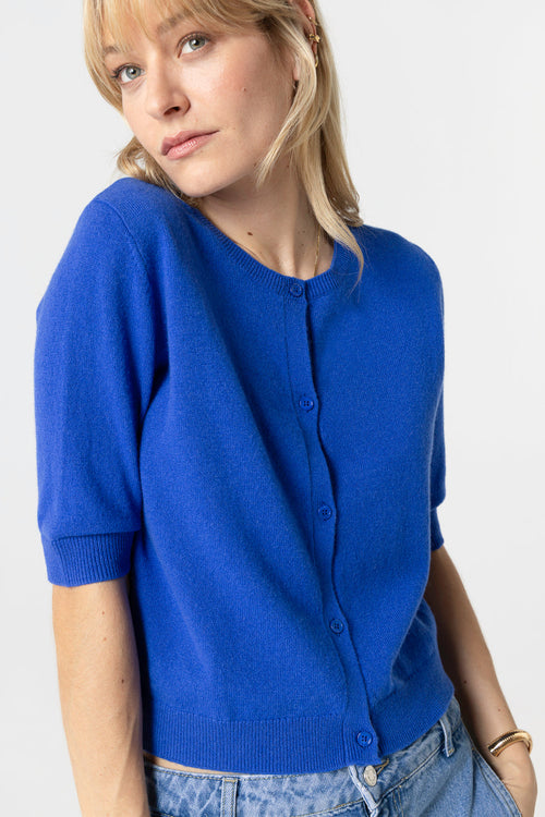 Gilet Bleu Col Rond Manches Coudes en Cachemire - MAJESTIC FILATURES