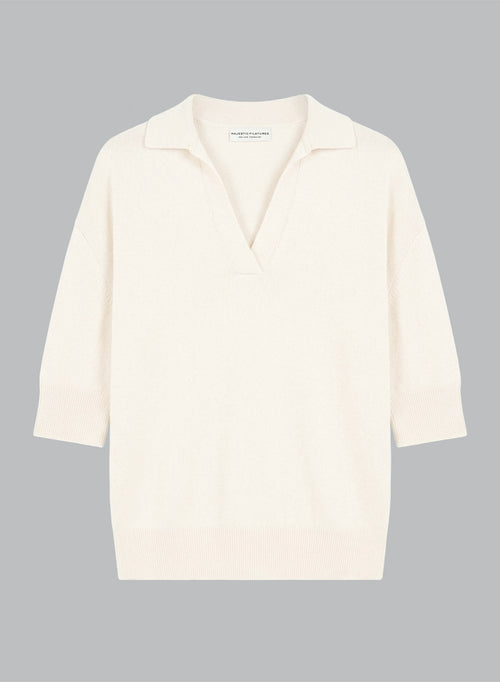Elbow-Length-Sleeve Cashmere Polo in Milk - MAJESTIC FILATURES